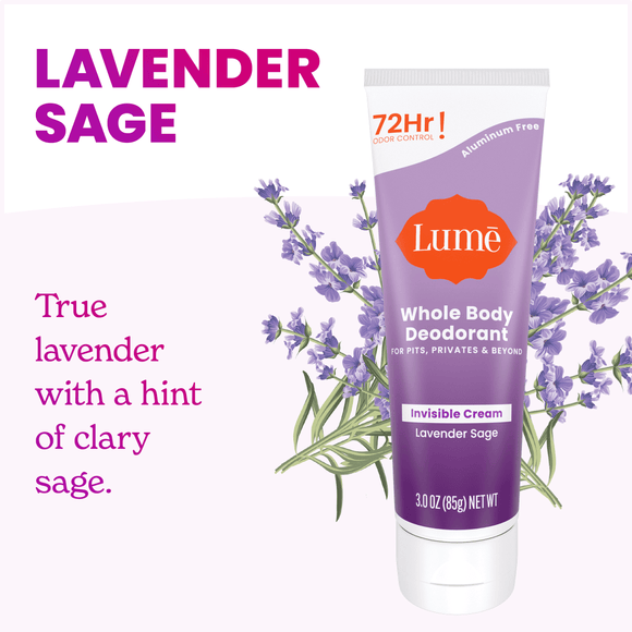 Lume-lavender-sage-cream-deodorant-tube-on-purple-flowers-and-the-text_-Lavender-sage-true-lavender-with-a-hint-of-clary-sage-1.png